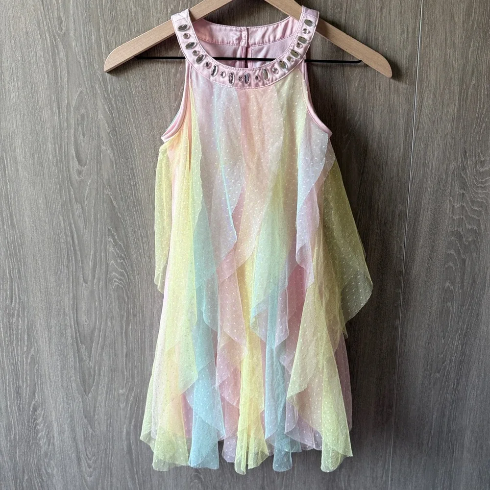 Tahari Tulle Ruffle Dress Girls Size 7 Pastel Rainbow Rhinestone Fairycore Party