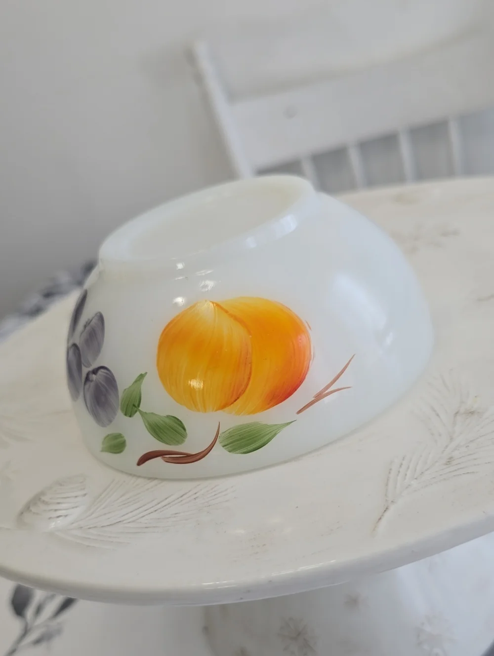 Vintage Fire King Gay Fad Fruit  Ovenware White Milk Glass Bowl Almost 5