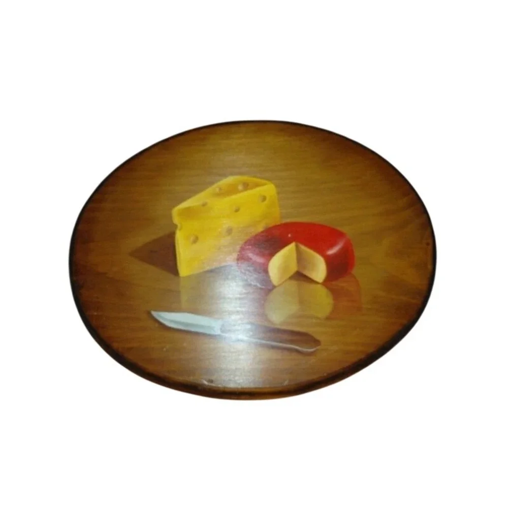 Vintage Hand Painted Wooden Oval Cheese Still Life Wall Plaque Kitchen Decor