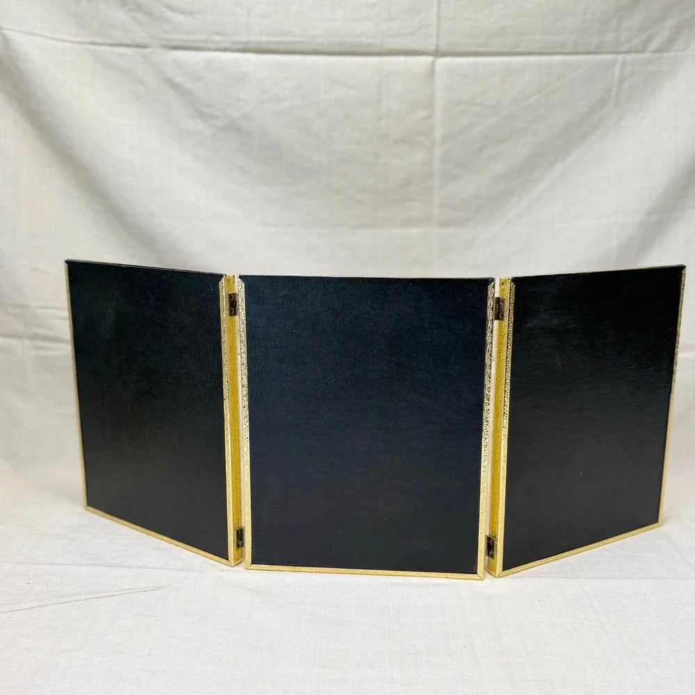 Vintage Brass Triple Folding Picture Frame Gold Tone Tabletop Display 1960s