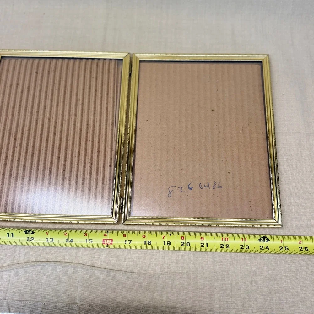 Vintage Brass Triple Folding Picture Frame Gold Tone Tabletop Display 1960s