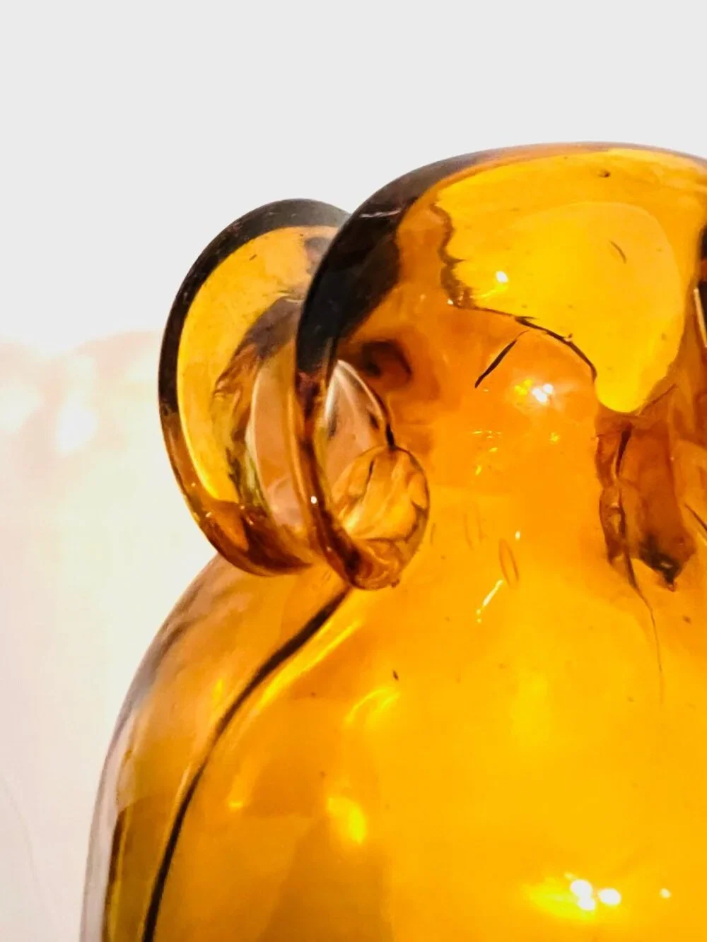 Amber Hand Blown Art Glass Double Handle Vase-Multi Colored Base-11 1/2'x 6