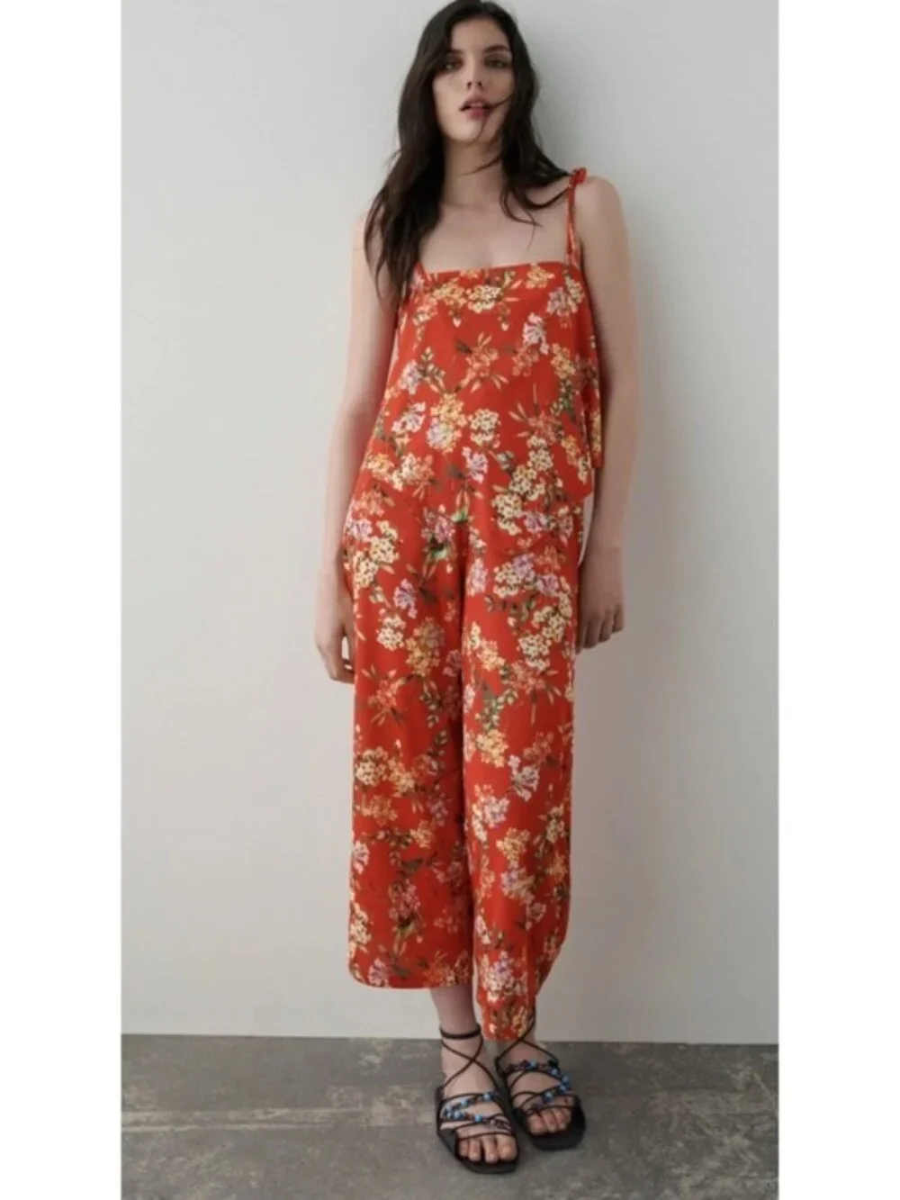 Zara Floral Wide Leg Pants Red Boho Summer Vacation High Rise Pants Size S EUC