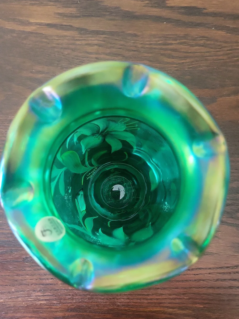 Fenton Green Iridescent Handpainted Vintage Glass Vase