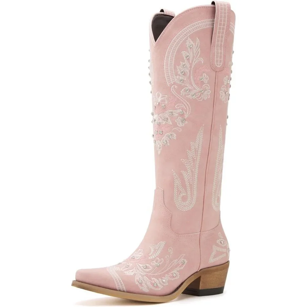 Women Faux Leather Pink Rhinestones Embroidered Chunky Heel Knee High Boot
