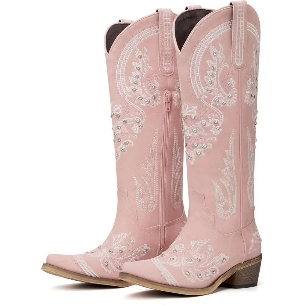 Women Faux Leather Pink Rhinestones Embroidered Chunky Heel Knee High Boot