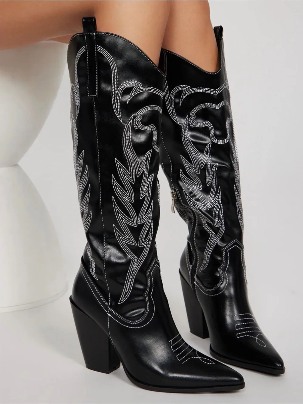 Women's Black Western Embroidered Knee-High Boots