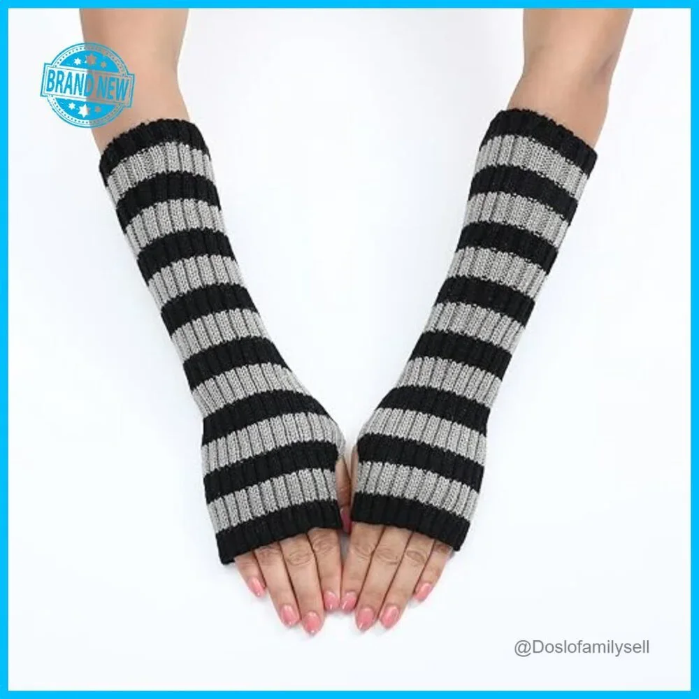 Striped Fingerless Knitted Arm Warmers Y2K Punk Grunge Alt Emo Scene Accessories