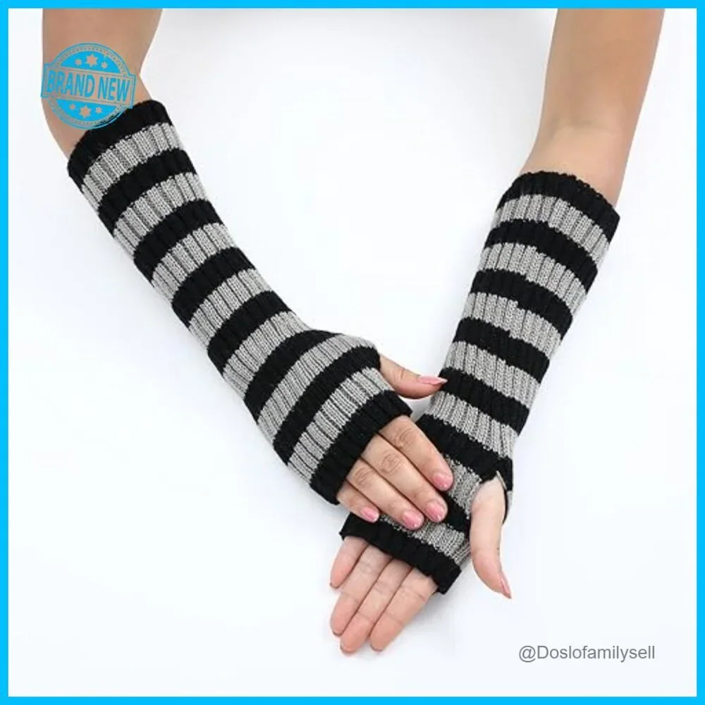 Striped Fingerless Knitted Arm Warmers Y2K Punk Grunge Alt Emo Scene Accessories
