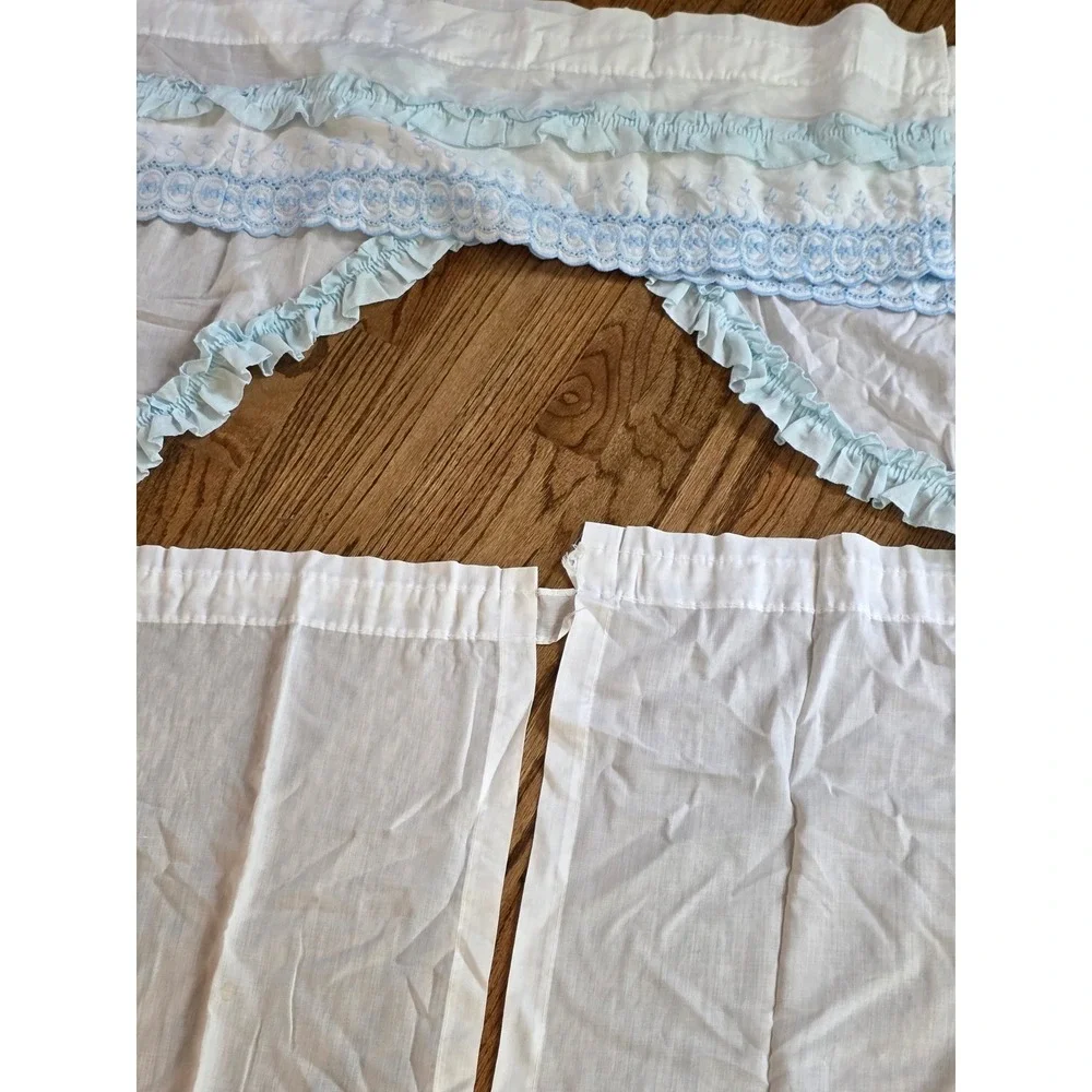 Vintage White Blue Ruffled Eyelet Lace Kitchen Cafe Curtain Set Valance Tiers