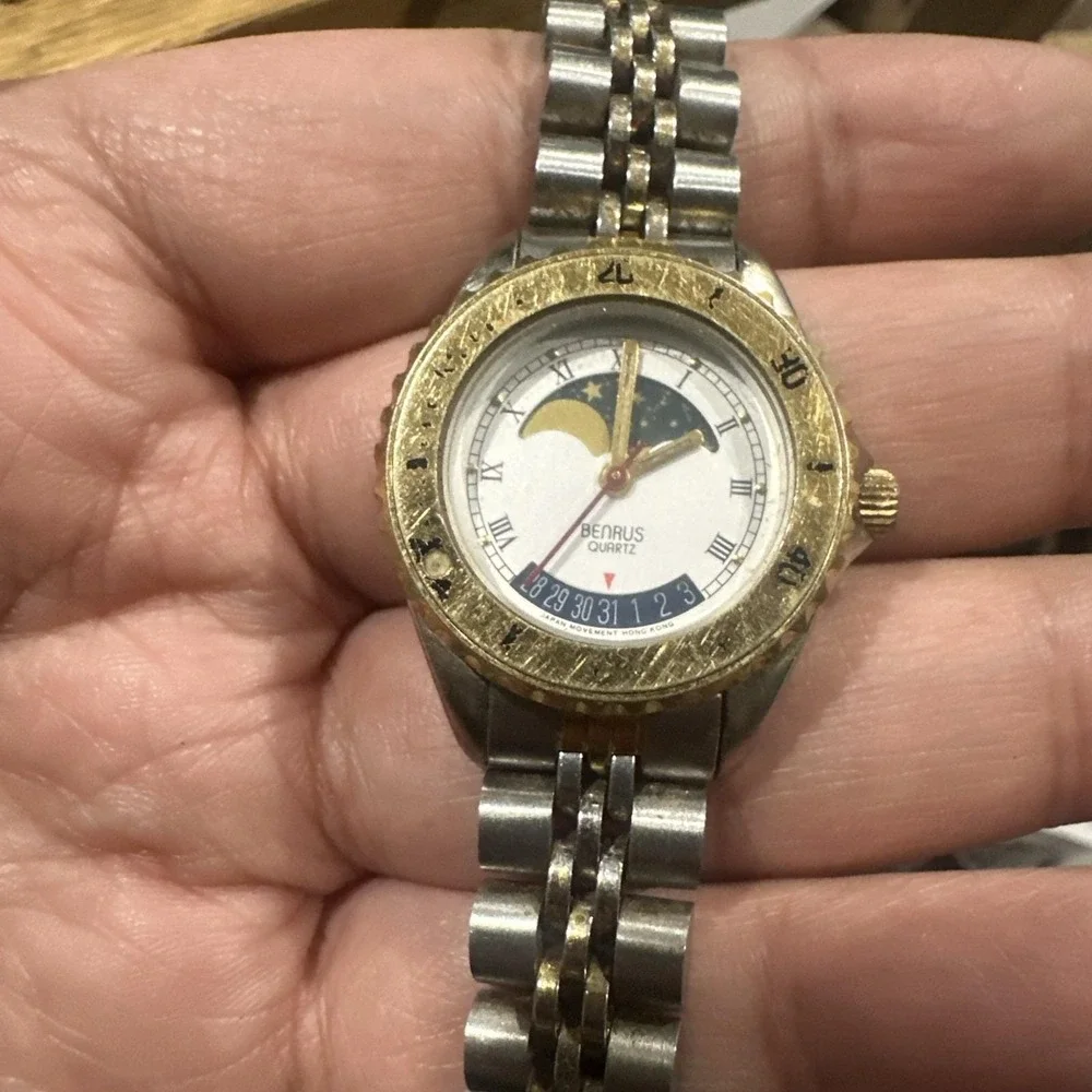 Works Vintage Benrus Moon Phase Womens Watch 25MM Two‎ Tone Band Fit 7in - Read