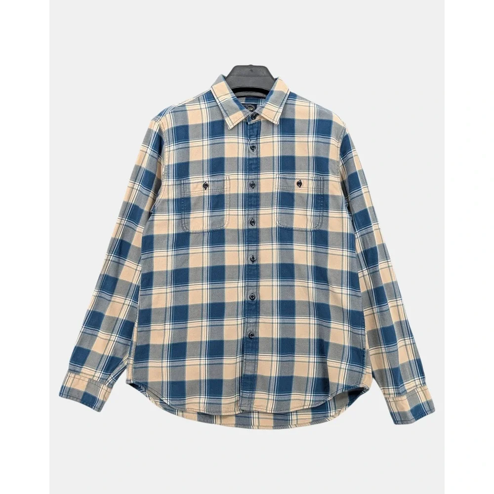 J.Crew Plaid Flannel Shirt Men's L Blue Cream Heavyweight Cotton Workwear Casual