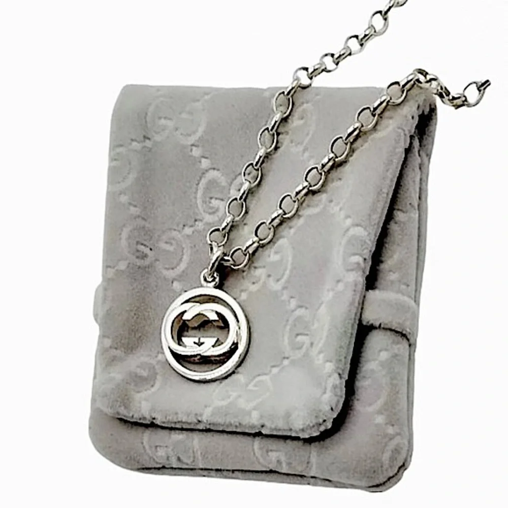 GUCCI Interlinked GG Sterling Silver Pedant on Open Link Chain 21 inches long