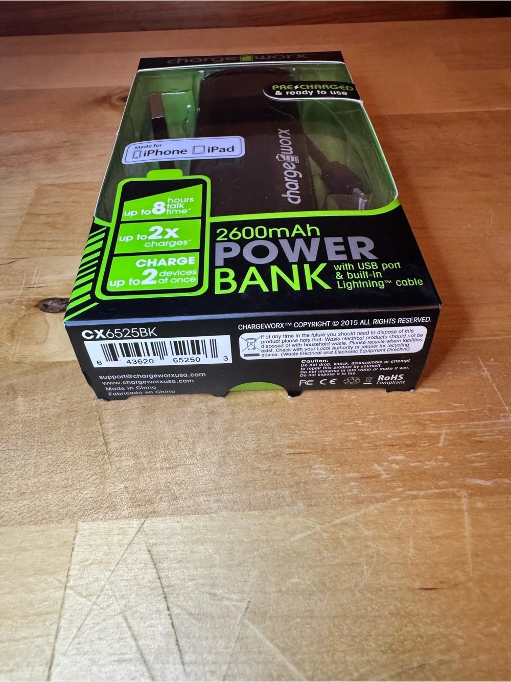 Chargeworx 2600mAh Black Power Bank with Built-In Lightning Cable
