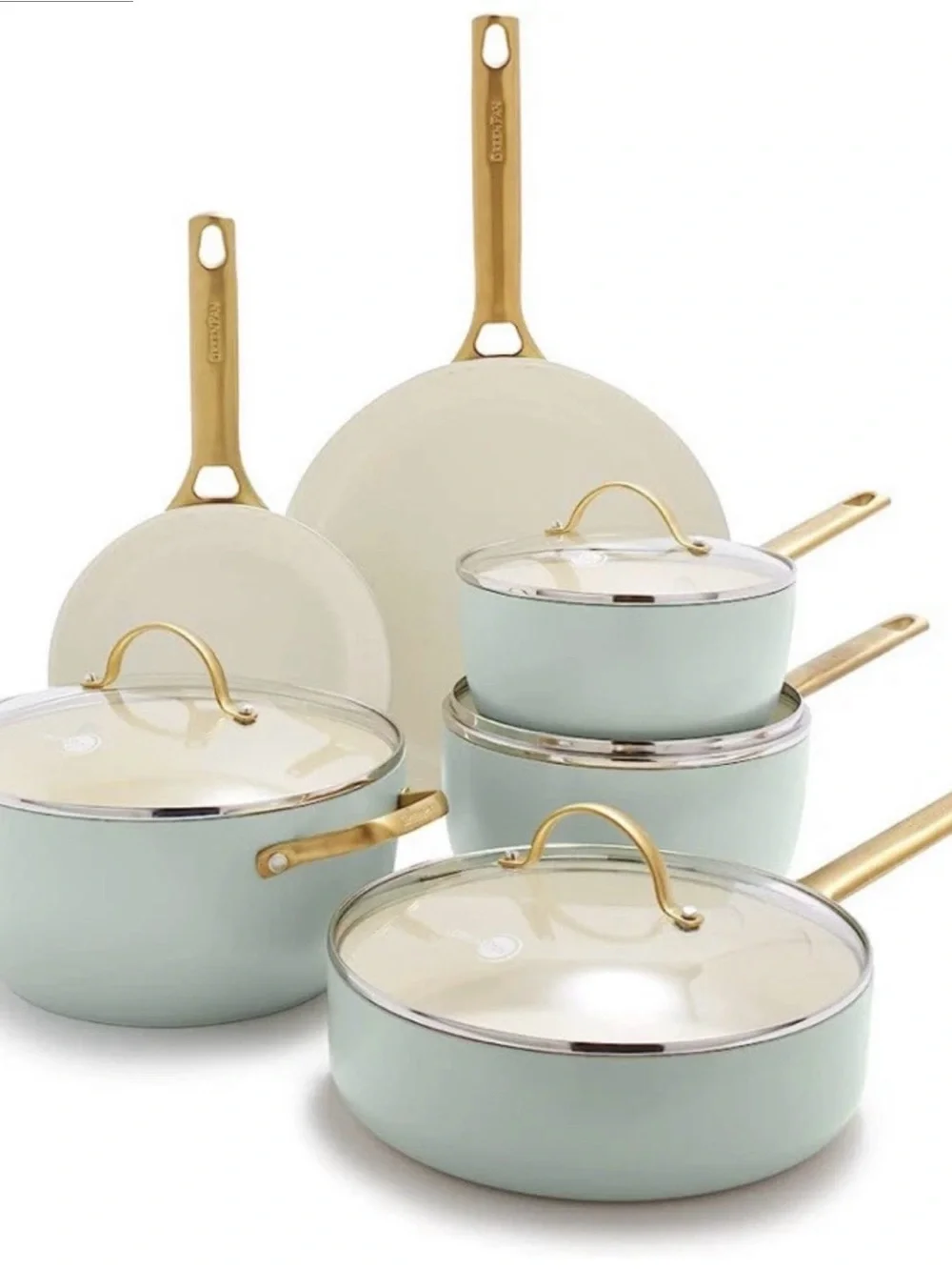 Cream Interior Mint Exterior Nonstick Cookware Set with Gold Handles