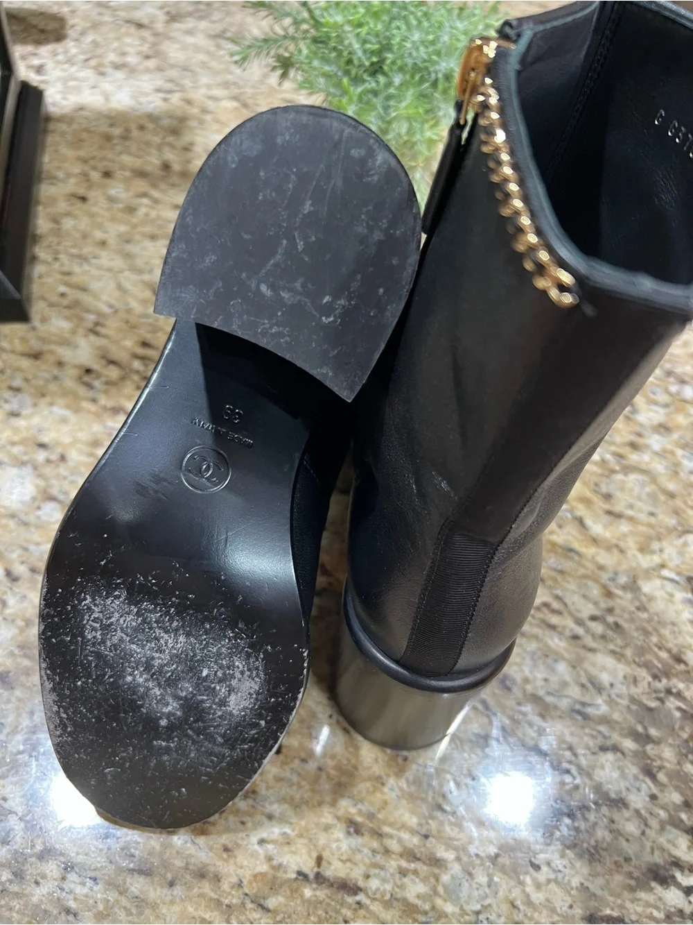 CHANEL Lambskin Grosgrain Cap Toe Gold Chain Short Boots Black 39