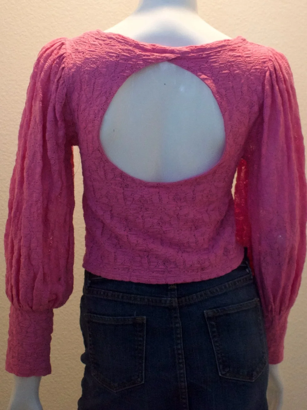 Free People Pink Textured Puff-Sleeve Top