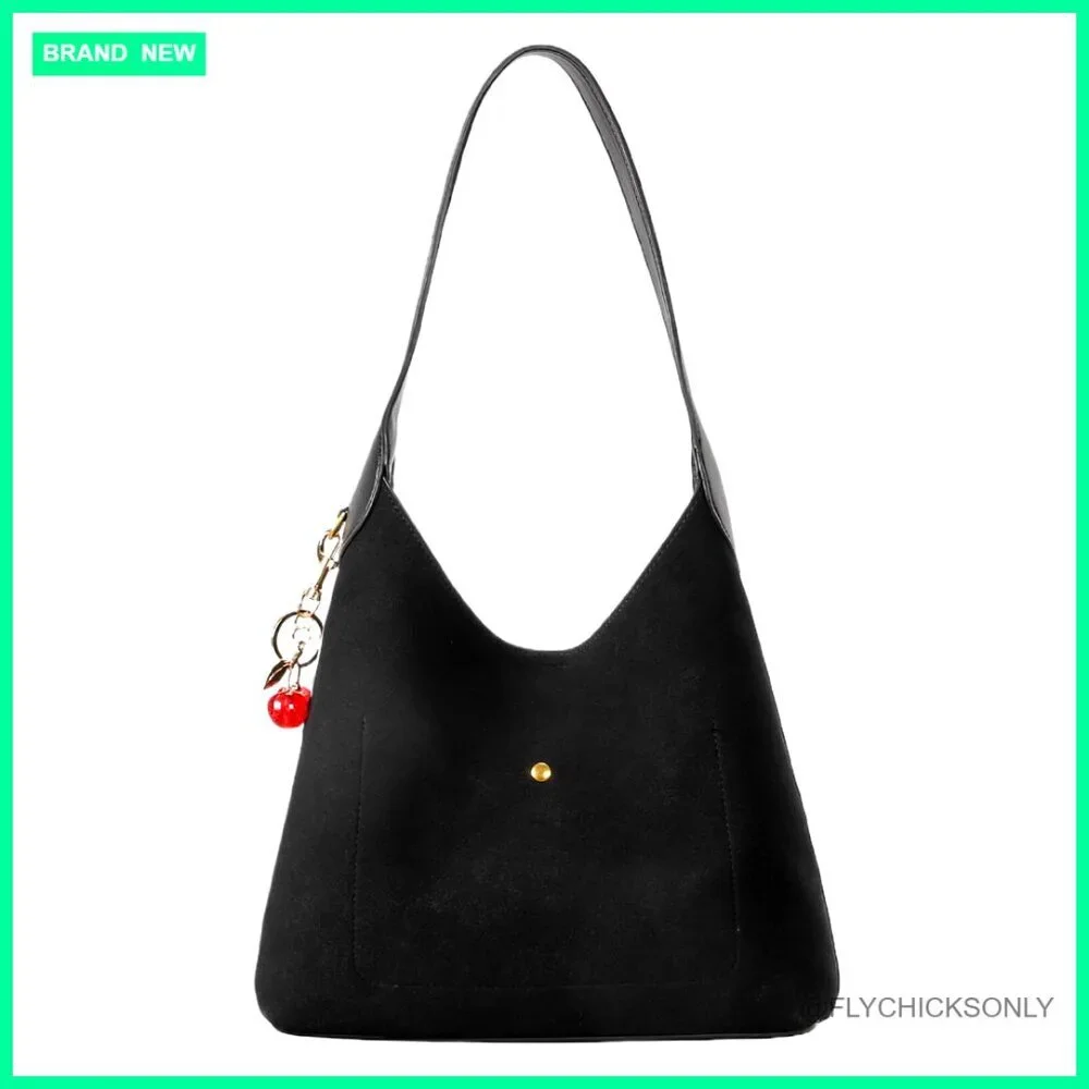 Faux Suede Hobo Shoulder Bag Slouchy Tote Medium Size Magnetic Closure
