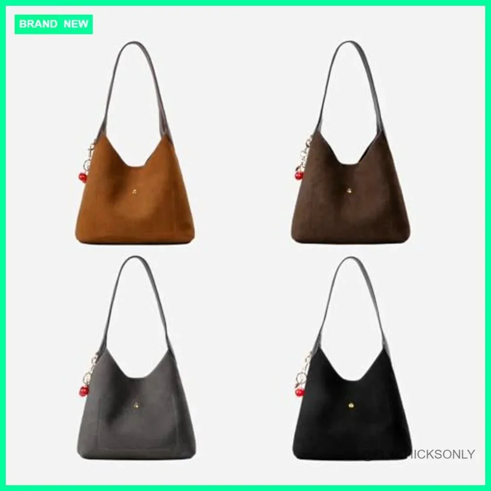 Faux Suede Hobo Shoulder Bag Slouchy Tote Medium Size Magnetic Closure