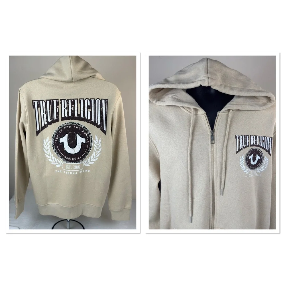 True Religion Mens College HS Zip Hoodie Fog Beige Graphic Sweatshirt Large 46