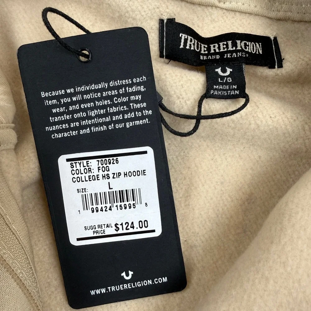 True Religion Mens College HS Zip Hoodie Fog Beige Graphic Sweatshirt Large 46