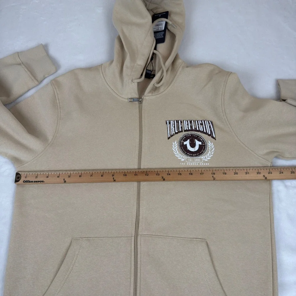 True Religion Mens College HS Zip Hoodie Fog Beige Graphic Sweatshirt Large 46