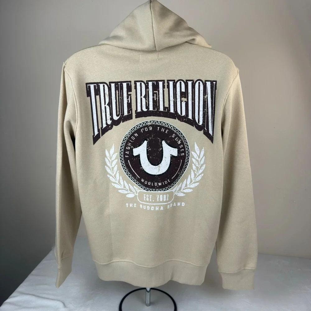 True Religion Mens College HS Zip Hoodie Fog Beige Graphic Sweatshirt Large 46