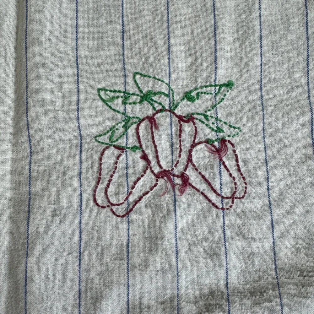 Vintage Blue Stripe Cotton Table Runner Kitchen‎ Hand Towel Embroidered Peppers