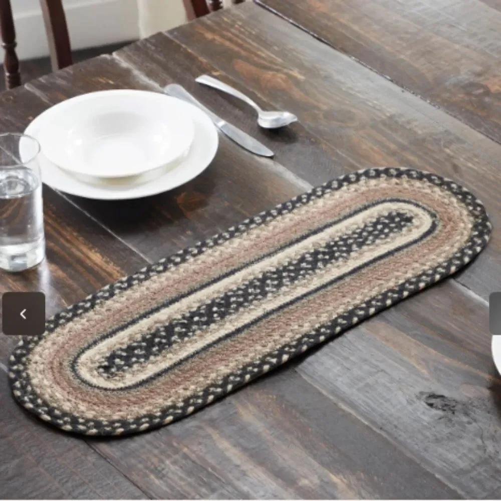 Farmhouse Jute Braided Oval Table Runner Tan Black Cream Country Cottagecore