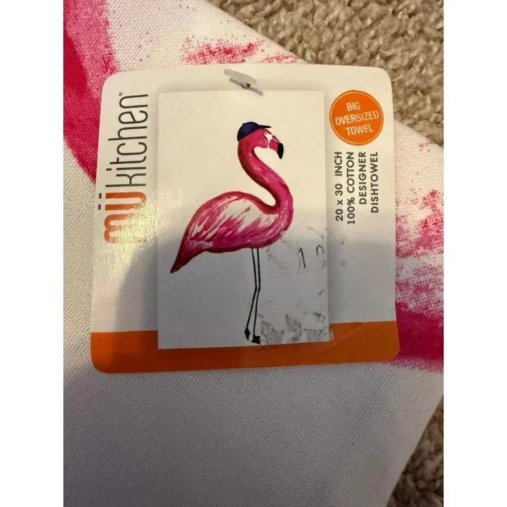 NWT Mu Kitchen | Flamingo 100% Cotton Designer Dishtowel | 20x30”