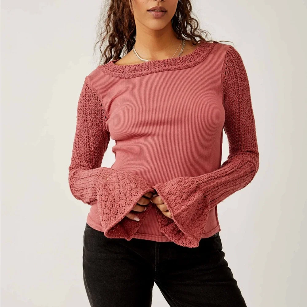 FREE PEOPLE Cuffing Season Top Sweater Sleeves Dusty Cedar Dark Rose