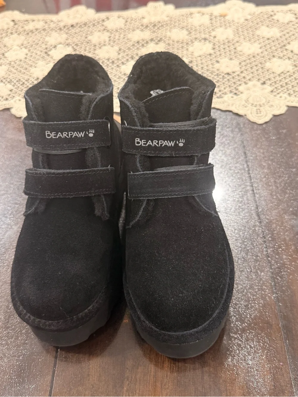 BearPaw Black Suede Shearling Strap Ankle Boots