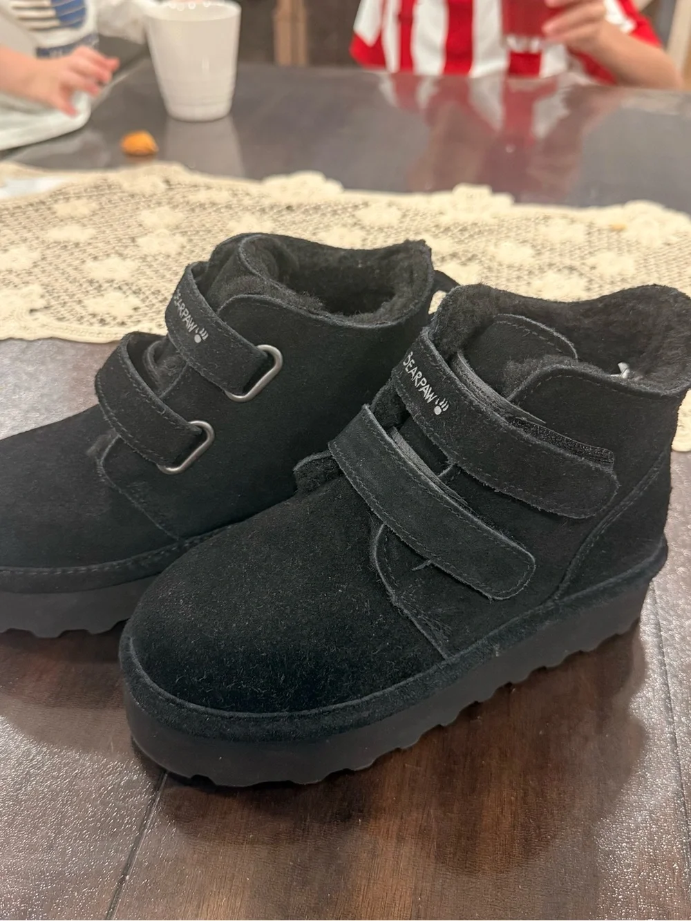 BearPaw Black Suede Shearling Strap Ankle Boots