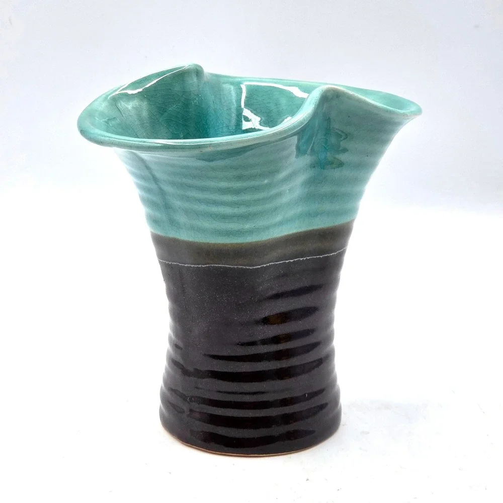 Vintage MCM‎ Pottery Aqua & Brown Stoneware Vase 6
