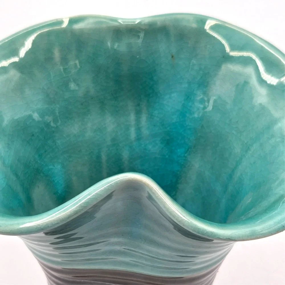 Vintage MCM‎ Pottery Aqua & Brown Stoneware Vase 6