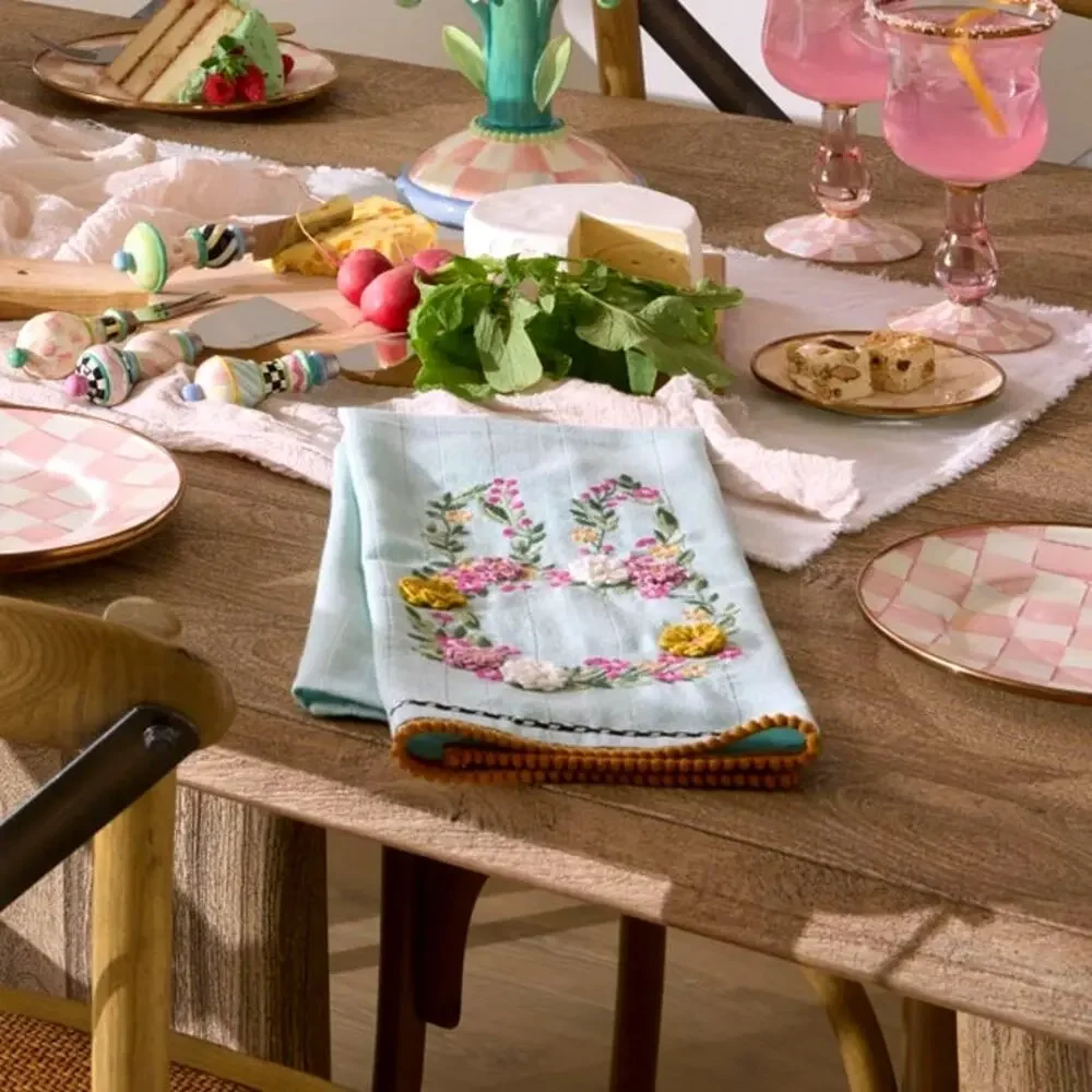 NEW Mackenzie-Childs Floral Bunny Embroidered Dish Towel 100% Cotton 20x28