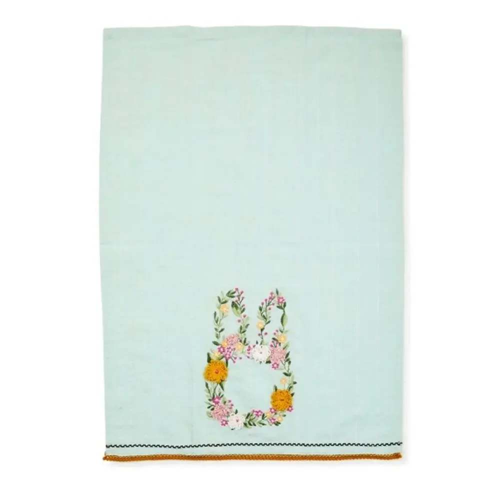 NEW Mackenzie-Childs Floral Bunny Embroidered Dish Towel 100% Cotton 20x28