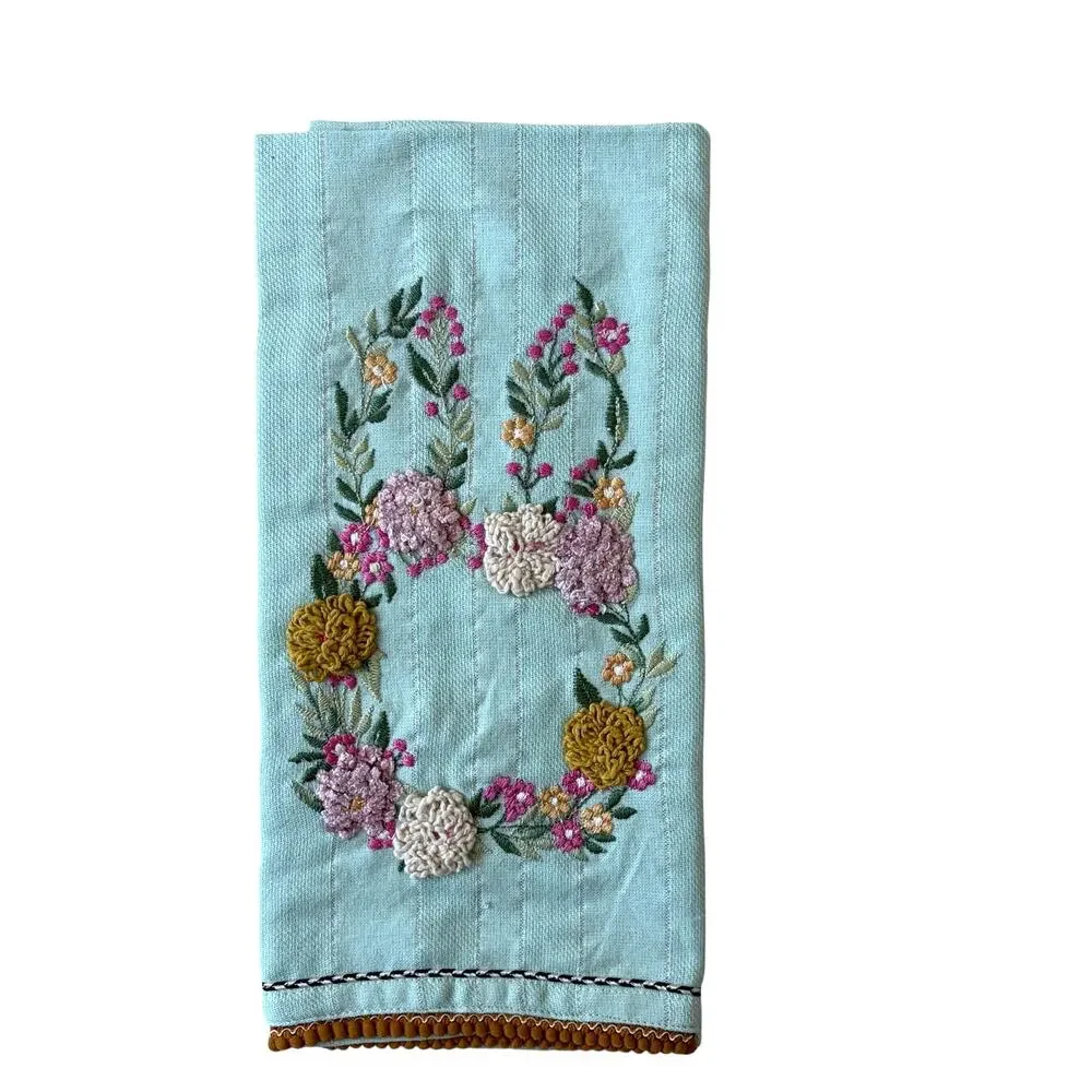 NEW Mackenzie-Childs Floral Bunny Embroidered Dish Towel 100% Cotton 20x28