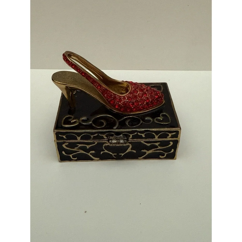 Trinket Pill Box Stiletto High Heel Ruby Red Slipper Jeweled Vintage Enamel‎