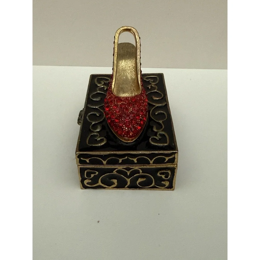 Trinket Pill Box Stiletto High Heel Ruby Red Slipper Jeweled Vintage Enamel‎
