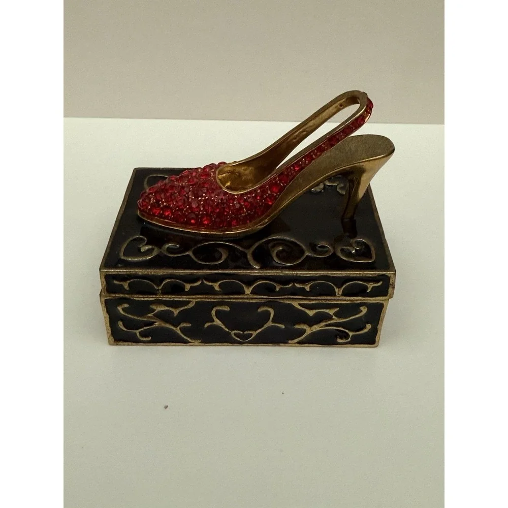 Trinket Pill Box Stiletto High Heel Ruby Red Slipper Jeweled Vintage Enamel‎