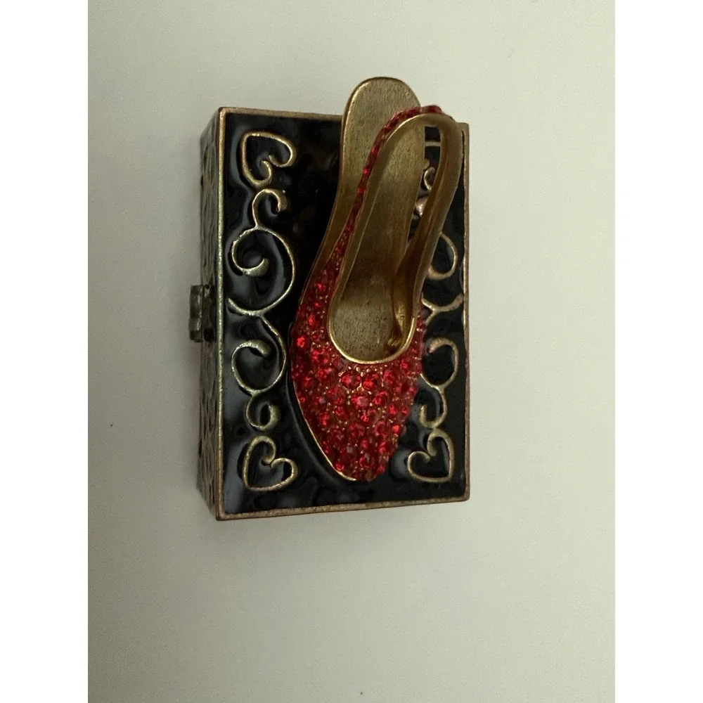 Trinket Pill Box Stiletto High Heel Ruby Red Slipper Jeweled Vintage Enamel‎