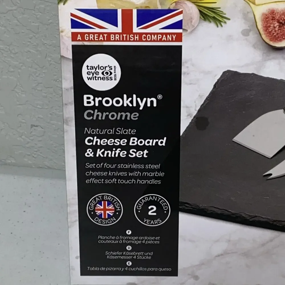 Natural Slate‎ Charcuterie Cheese Board & Knife Set 5 Pc Brooklyn Chrome NEW
