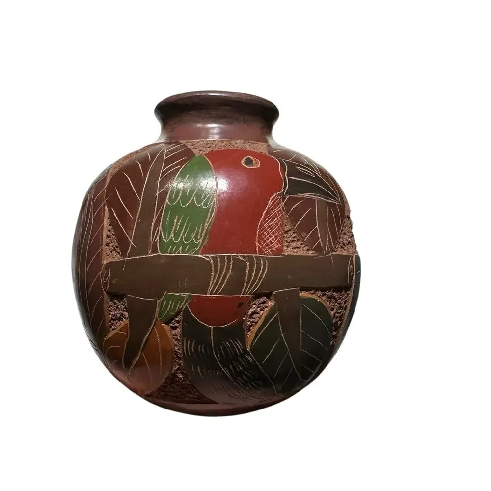 Nicaraguan Art Pottery Vase Hand Carved Monkey Butterfly
