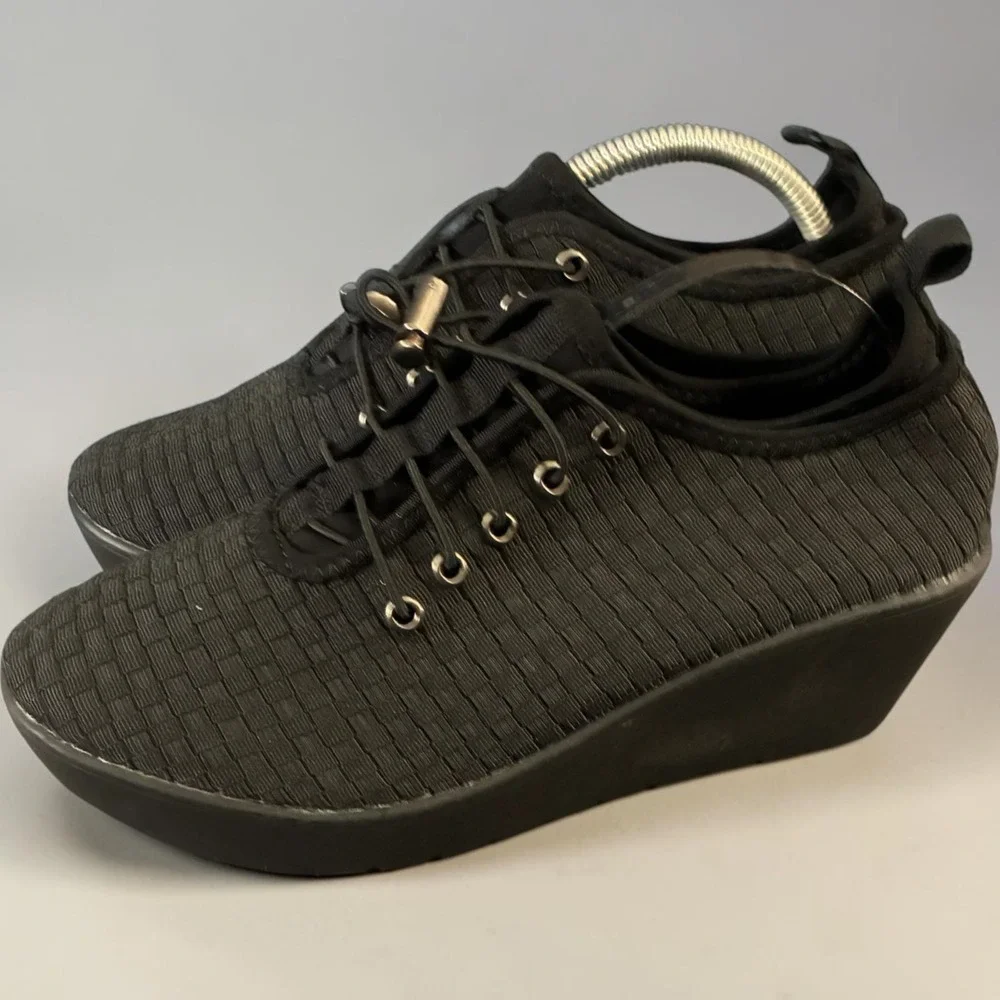 Steven by‎ Steve Madden Base Black Woven Wedge Bungee Lace Sneakers Womens 8.5