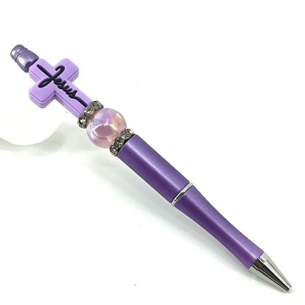 Jesus cross Christ Christian handmade pen NEW beads rhinestone bling lavender pu