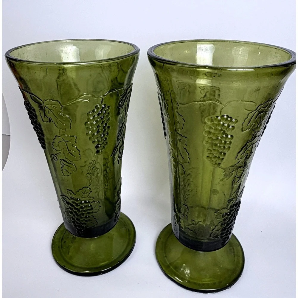 Vintage Indiana Glass Green Grape Harvest Pressed Glass Trumpet Vases Set of 2