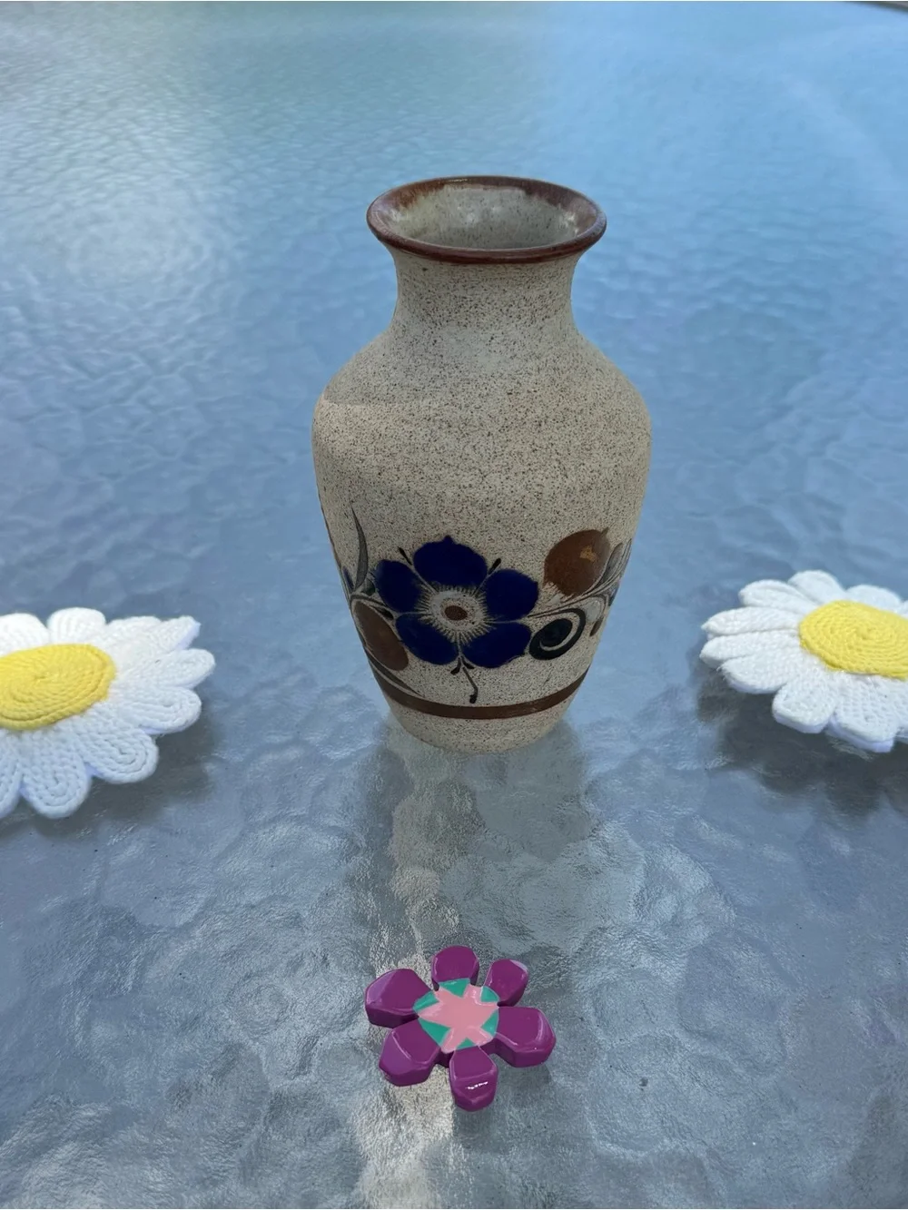 Vintage Tonala Mexico Pottery Vase Signed Mex Z Blue Flower Boho Home Decor