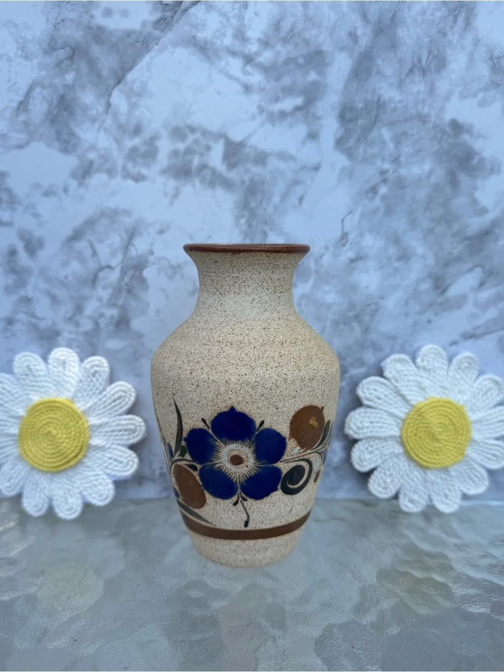 Vintage Tonala Mexico Pottery Vase Signed Mex Z Blue Flower Boho Home Decor