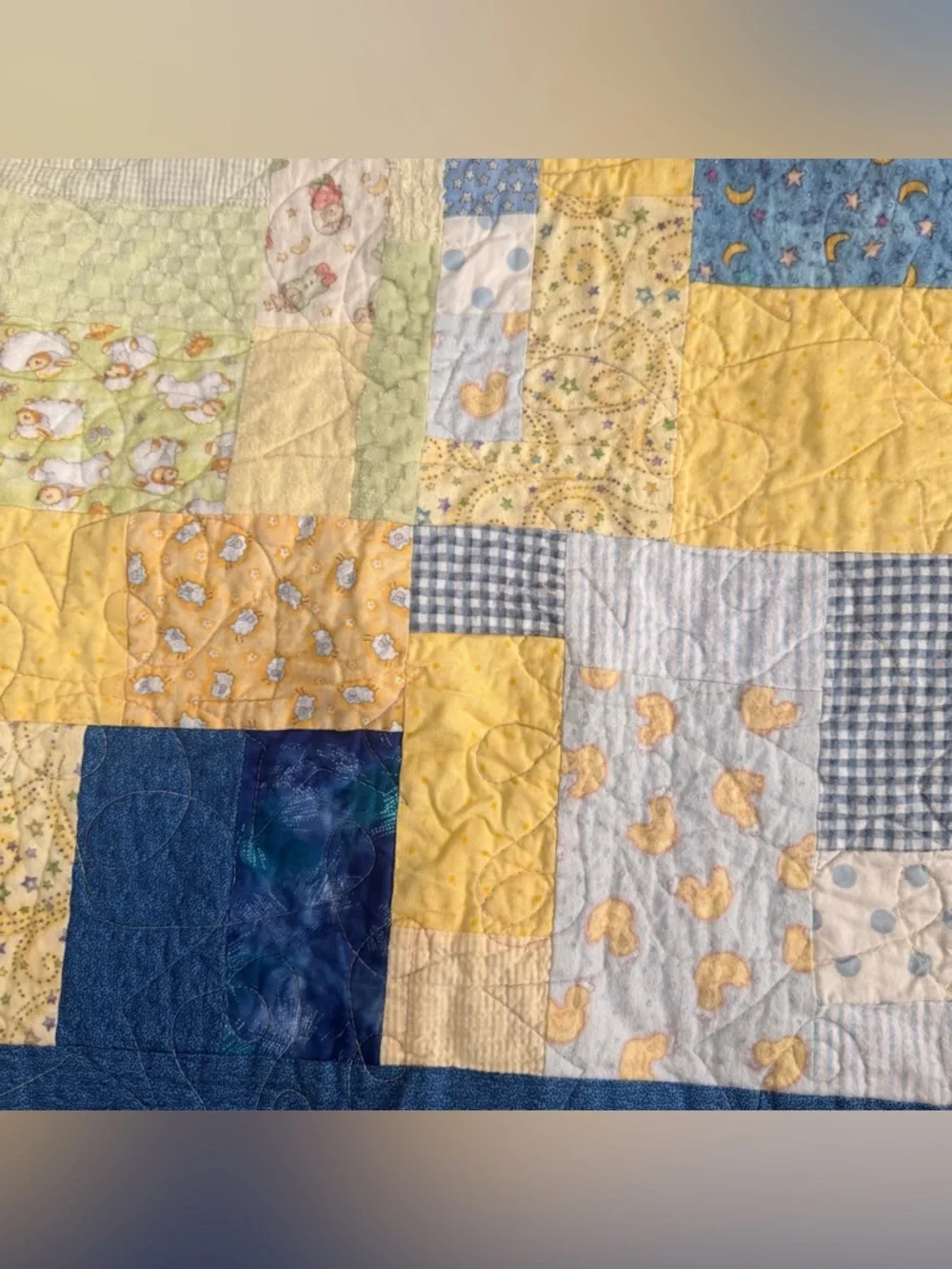 Handmade Patchwork Brick Throw Quilt Patch Yellow Blue Green Farm Animals 44x44